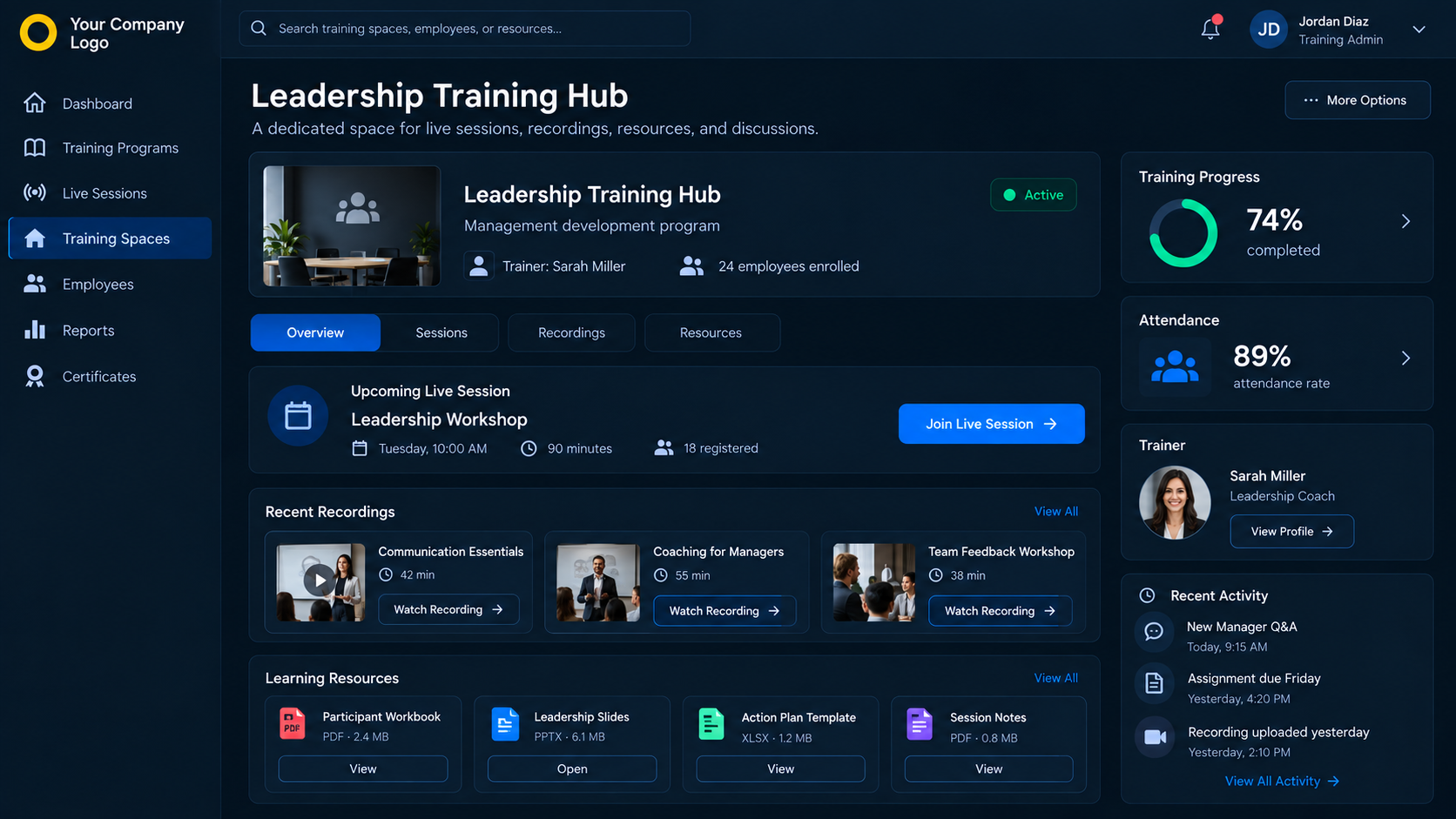 Inside a Leadership Training Hub showing an upcoming live video session with a Join button, past session recordings, learning resources, training progress, and attendance